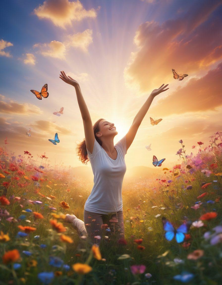A serene landscape depicting a bright sunrise over a flourishing meadow filled with vibrant wildflowers, symbolizing joy and positivity. In the foreground, a diverse group of people, smiling and engaged in uplifting activities like yoga, dancing, and meditation, radiate euphoria. Enveloping the scene, whimsical butterflies and soft light beams create an ethereal atmosphere of happiness. super-realistic. vibrant colors. soft focus.