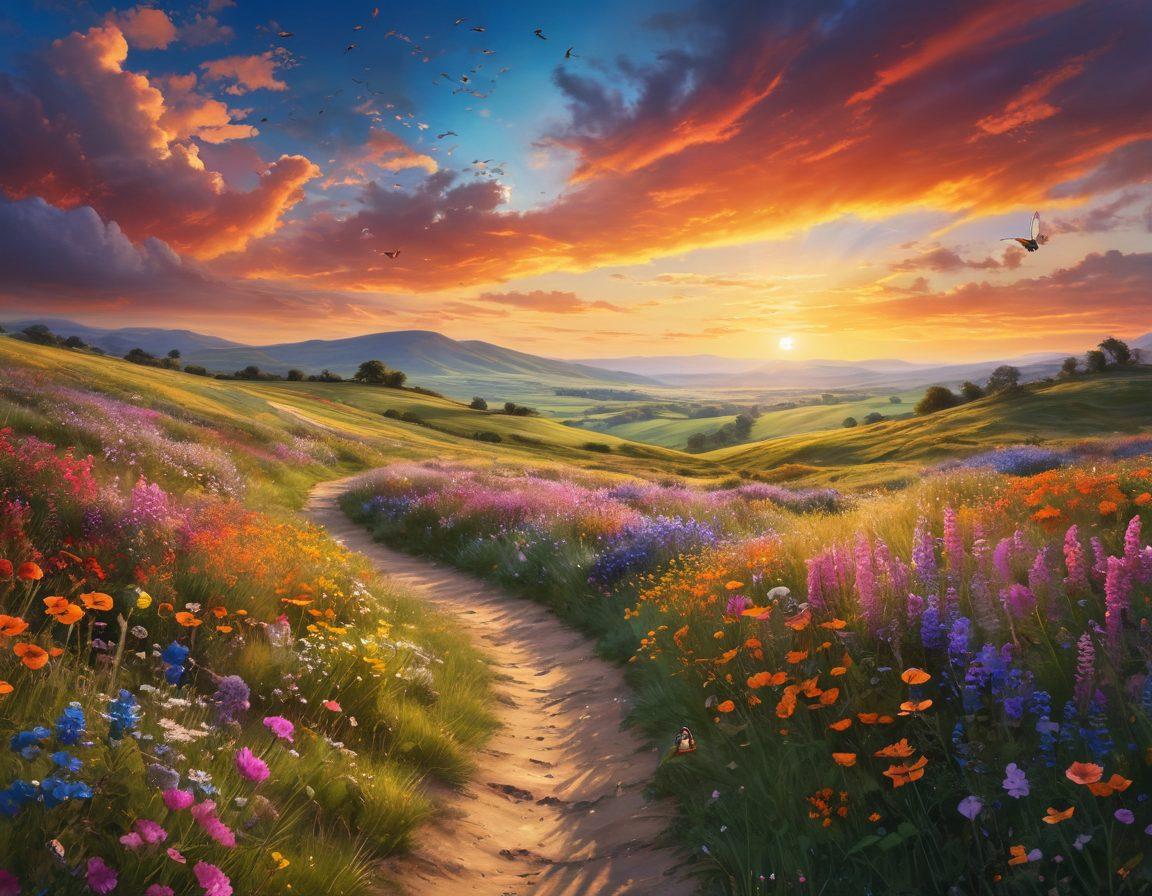 A serene landscape featuring a winding path through a vibrant field of colorful wildflowers leading towards a luminous horizon. In the distance, gentle hills rise under a bright, sunny sky with fluffy clouds. Ethereal butterflies flutter around, symbolizing transformation and joy, while a silhouette of a person is joyfully walking towards the light. A soft, glowing aura surrounds the scene, enhancing the feeling of euphoria. super-realistic. vibrant colors. tranquil atmosphere.